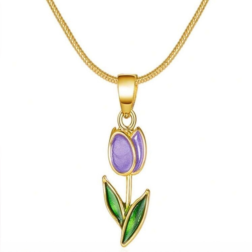 18K Gold Plated Purple Tulip Flower Pendant Chain Necklace